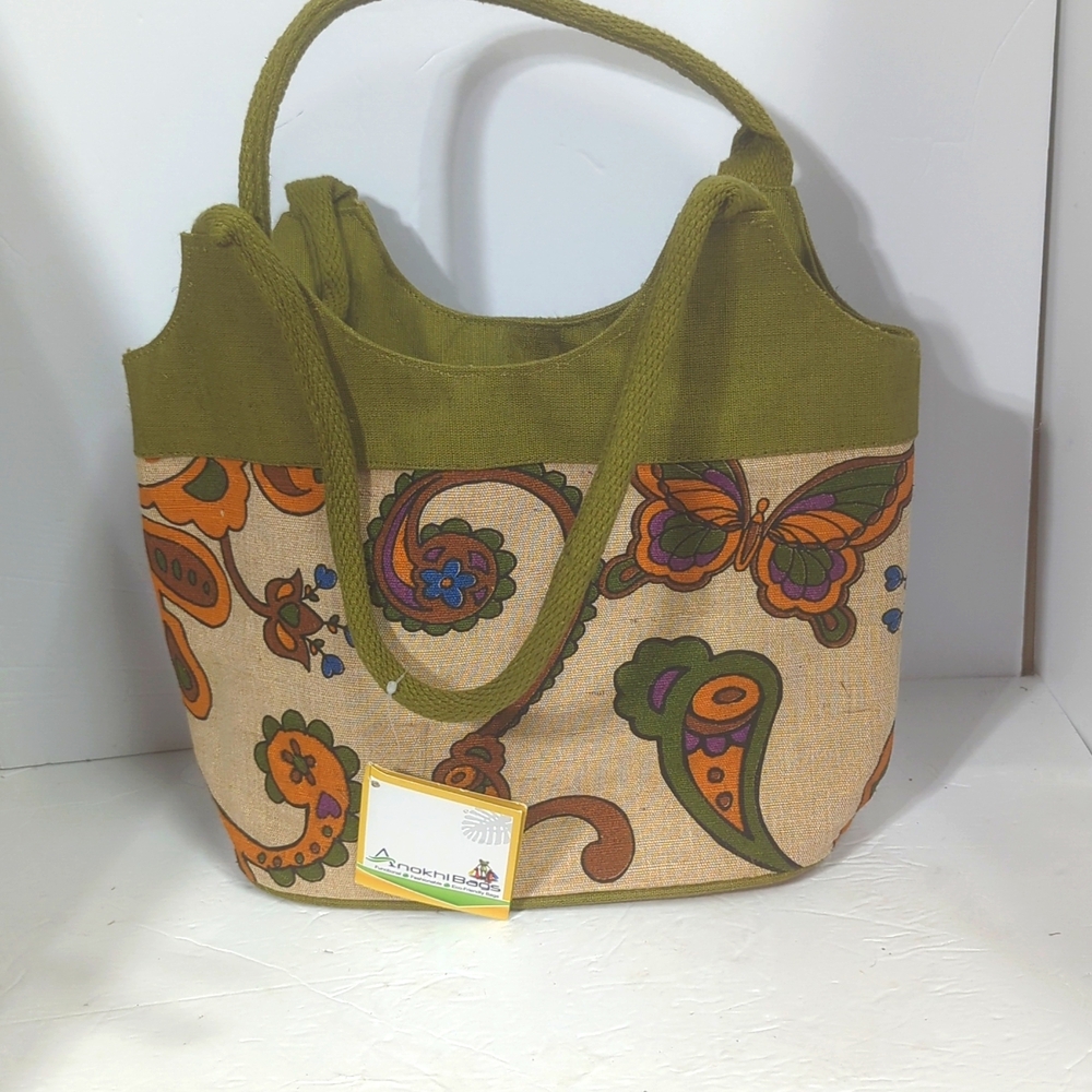 Anokhi Jute Paisley Butterfly Boho  Purse Tote Bag Earth Friendly